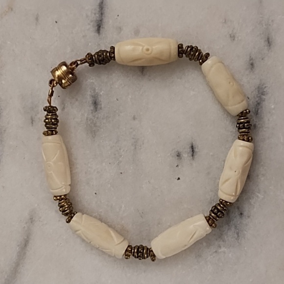 Vintage Brass Beads & Carved Ivory Bone Bracelet With Strong Magnetic Clasp - Picture 1 of 7